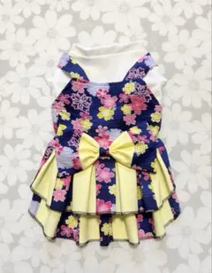 ハンドメイド犬服・蝶々と花柄・鮮やかなエメラルドブルー ギャザー
