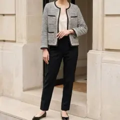 Tiara ノーカラージャケット ツィード ホワイト・ブラック