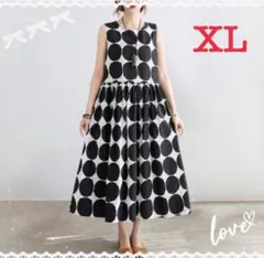 大きめドットノースリーブワンピース （XL）Aライン ロング丈 体形カバー