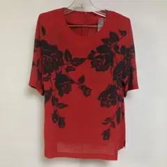マルフジ　丸藤　赤 黒 薔薇柄 半袖 カットソー ブラウス　M〜Lサイズ