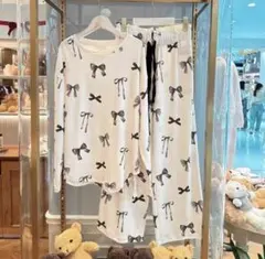 ジェラピケ　リボン　ルームウェア　長袖　長ズボン上下セット　白　　7-3