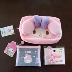 韓国ダイソー限定品　マイメロディ3点セット　ポーチ、メッシュポーチ、ヘアクリップ
