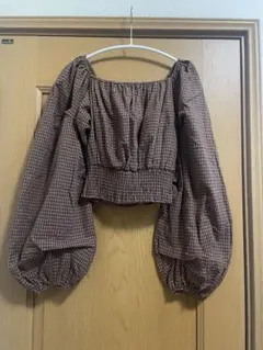 ブラウンチェック バルーンスリーブ トップス M