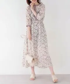 【natural couture】配色切替花柄ワンピース（オフホワイト）