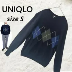 ユニクロ [S] プレミアムラムクルーネックセーター アーガイル ネイビー