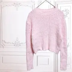 美品 リブ ニット セーター【F】ピンク モヘヤ 長袖 ショート丈 クルーネック