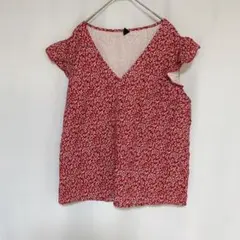 美品☆花柄 Vネック 半袖トップス　赤【サイズタグなし】