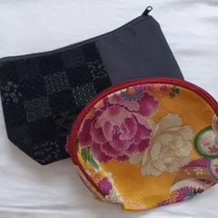 2点セット 和柄 和風 ポーチ さが美 黒 花柄