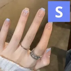 【S】ネイルチップ 韓国 ワンホン ちゅるん 量産 フレンチ リボン オフィス