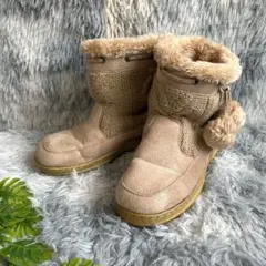 美品！ニット×ポンポン付き ショートブーツ モコモコ ファー 防寒 【M】