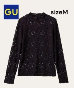 GU ジーユー　レースハイネックT 花柄　長袖　ブラック　M レディース