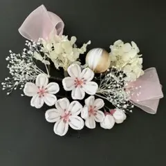 e-48 桜つまみ細工　ピンクリボン髪飾り　結婚式　振袖　成人式　着物