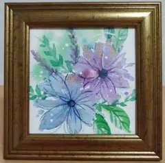 青と紫の淡く彩る花　#296　原画　水彩画　絵画　12cmフレーム付