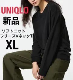 【新品】UNIQLO ユニクロ ソフトニットフリースVネックT 黒 XL