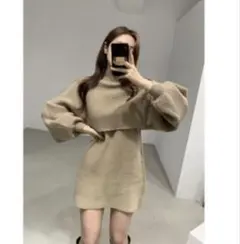 【美品】ベージュ ハイネック リブ編み ニットワンピース　ミニ丈ワンピ2WAY