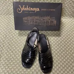 【24cm】銀座ヨシノヤ　ブラックサンダル エナメル　ウェッジソール