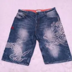 絡繰魂 流儀 龍 刺繍 ドラゴン 和柄 デニムハーフパンツ 38のサムネイル