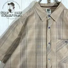 人気 ノースフェイス 半袖シャツ 2XL ベージュ チェック アウトドア 古着