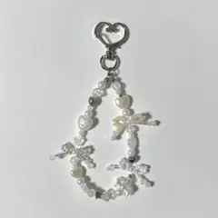 韓国ビーズ チャーム キーホルダー ストラップ リボン beige