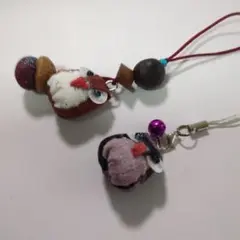絣木綿、フクロウ、ドングリ飾りのチャーム、ストラップ2点セット★手作り