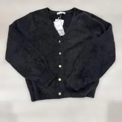 シャギーニットカーディガン　ゴールドボタン　ダークグレー L ふわふわニット