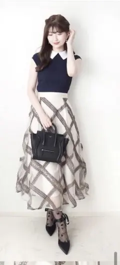 レース刺繍チェック柄フレアスカート[tu507]