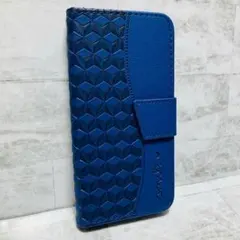 【AQUOS wish】手帳型ケース 立体幾何学模様デザイン 紺 おしゃれ