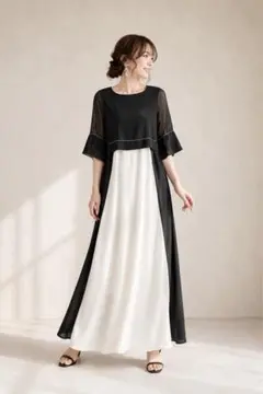 上品バイカラーワンピース フレア ロングワンピ インナーキャミ＆アクセSET
