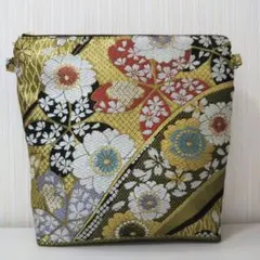 正絹袋帯( 美品 桜 疋田柄 刺繍 金糸 金色 )リメイクショルダーバック