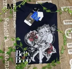 ベティブープ　半袖Tシャツ　ベティちゃんTシャツ トップス　バラ　メンズ　紺色