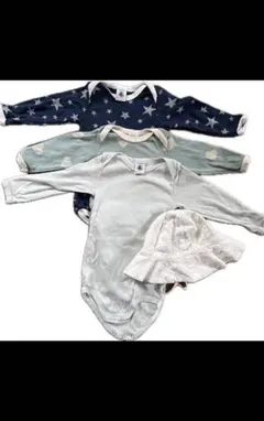 プチバトー ロンパース3枚＋帽子セット 6m〜12m コットン まとめ売り