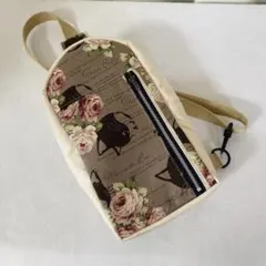 猫柄ショルダーバッグ/ボディバッグ縦型(茶/生成り)＊ハンドメイド