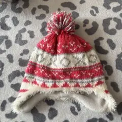 赤と白のニット帽 ポンポン付き ジュニア