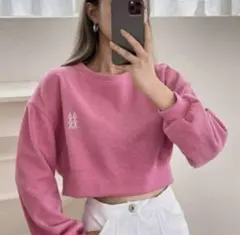 新品未使用 韓国 ロゴ刺繍入り クロップド丈 ドロップショルダー スウェット