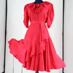 【美品 日本製 社交ダンス衣装】光沢レッド×薔薇柄 ブラウス スカート