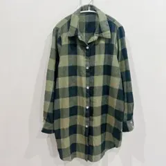 ネルシャツ 【XL】ロングシャツ ブロックチェック スナップボタン 緑×黒