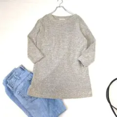 【シンプルライフ】ドロップショルダー長袖ウール混チュニック『M』ベージュ　丈長