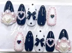 【現品サイズ】ネイルチップ 量産型 ラブリーネイル ハート リボン パール