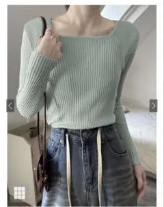 スクエアネックリブニットトップス