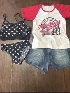 ミッキー柄水着・Tシャツ・デニムショートパンツセット