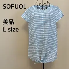 【美品】SOFUOL/ボーダー半袖トップス/チュニック/透け感/水色のサムネイル