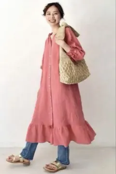 くすみピンク シャツワンピース 長袖 フリル裾　雅姫