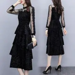 パーティードレス 結婚式 お呼ばれ 黒 ロングドレス レース シースルー