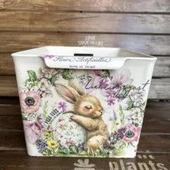 Yoさまご購入済　取手付きボックス 白色たまごを抱いたうさぎさんと ピンクのお花