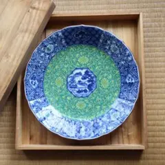 前畑陶器 庫山窯　青華緑彩　大皿　桐箱付き　和食器　山水画　古伊万里花紋　盛皿
