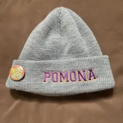 グレーのPOMONAニット帽・バッジ付き