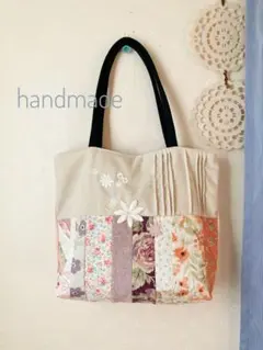 ハンドメイド　パッチワーク　トートバッグ　ピンク花柄