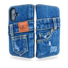 iPhone16用ダメージデニム手帳型ケース