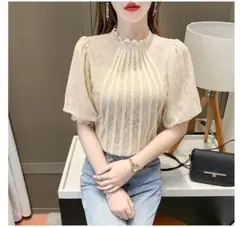 【M】花柄モチーフ レース プチハイネック ボリューム スリーブ ブラウス 女子