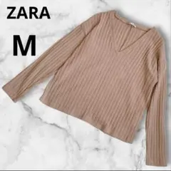 ZARA上品リブ編みVネックニット長袖カットソートップスオフィス